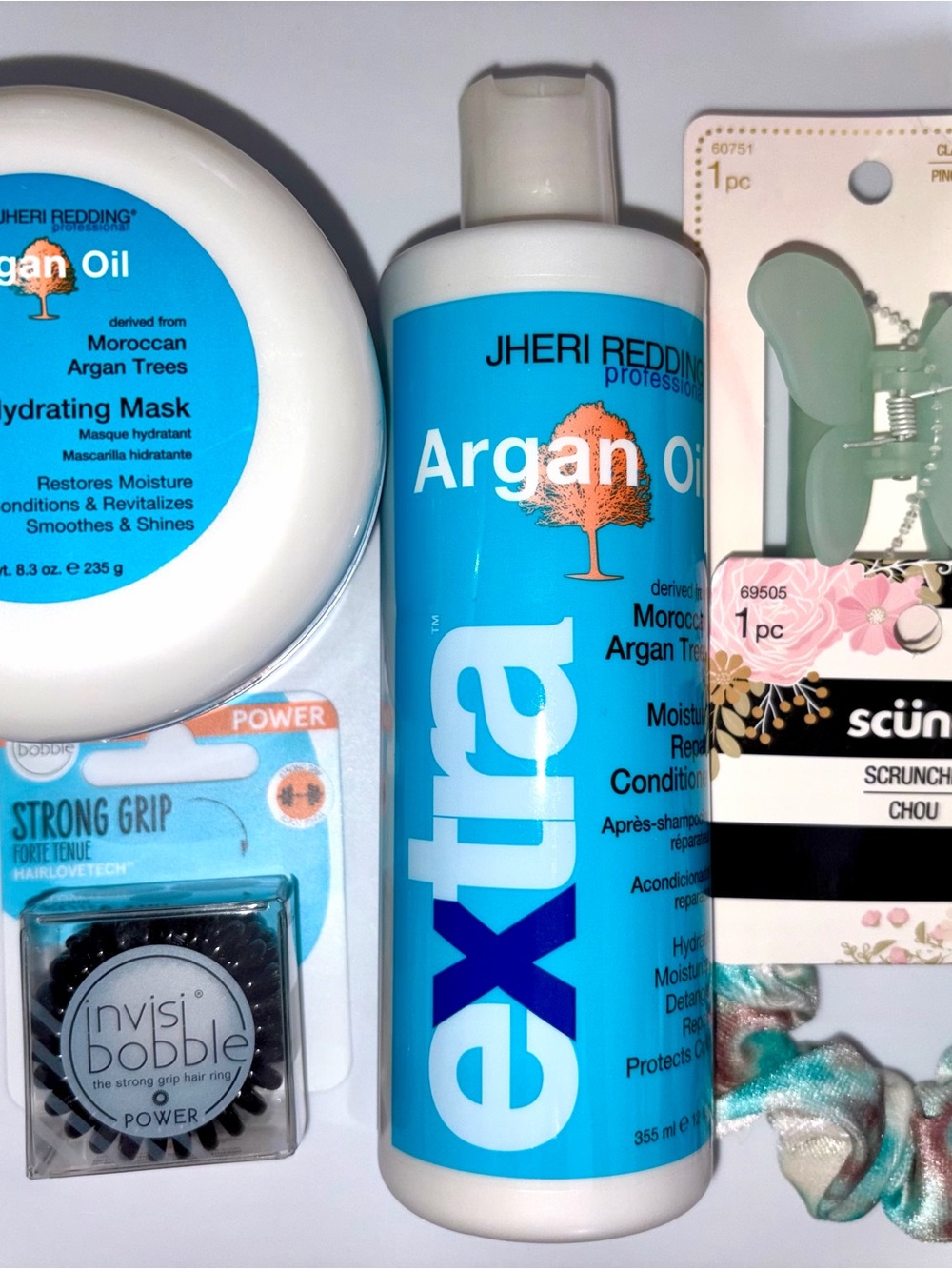 5PC Hair Bundle: Jheri Redding Argan Oil Mask & Conditioner, Scunci Invisibobble